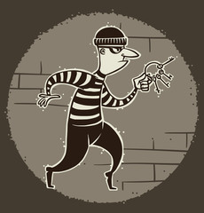 Naklejka premium Vector cartoon image of a robber in black pants and a striped jacket with a mask on his face with skeleton keys in his hand on the background of a ball of light. Pictured in a retro style.