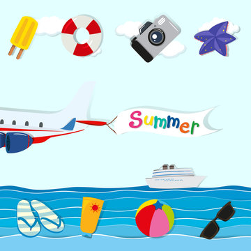 Summer theme with plane and other objects