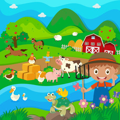 Obraz na płótnie Canvas Farmer and farm animals in the farm