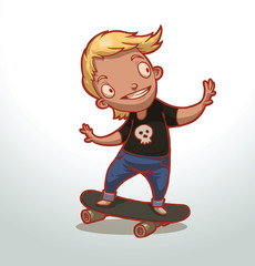 Vector boy skateboarder. Cartoon image of a boy skateboarder with blond hair in a blue pants and a black T-shirt standing on a skateboard on a light background.