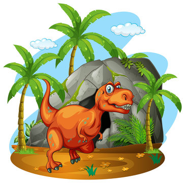 Dinosaur standing in front of a cave