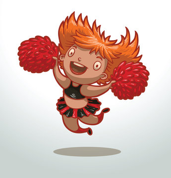 Vector girl cheerleader. Cartoon image of a girl cheerleader with red hair in a red and black skirt and a black top with red pom-poms in her hands on a light background.