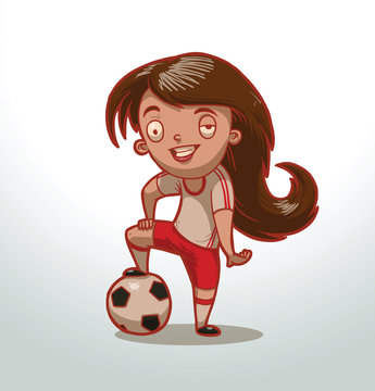 Vector girl football player. Cartoon image of a girl football player with long dark hair in red shorts and white T-shirt with the ball under her foot on a light background.