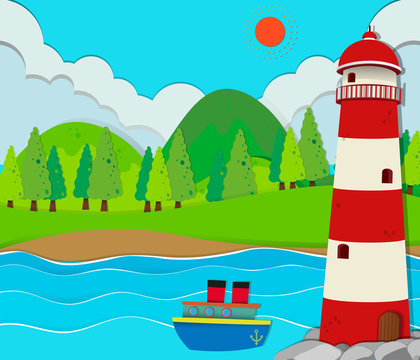 Ocean scene with lighthouse and ship