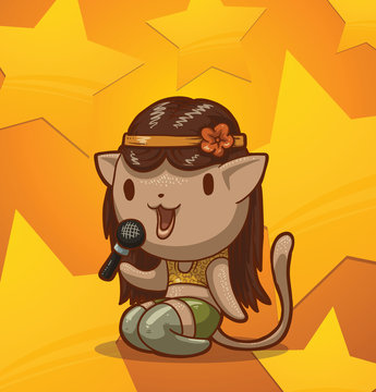 Vector cartoon image of a cat woman hippie singer in the yellow-green stage costume with long dark hair with a microphone in her paw against the background of yellow stars.