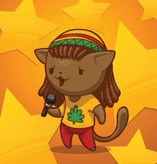 Vector cartoon image of a cat reggae singer in the yellow T-shirt, red pants and a multi-colored hat with long dark hair, with a microphone in his paw against the background of yellow stars.