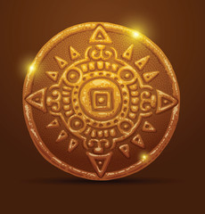 Vector ancient gold coin with a calendar. Image of the ancient gold coin with a calendar incuse on a brown background.