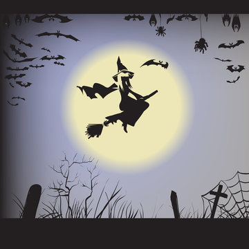Halloween witch on a broomstick flying, silhouette, vector illustration of a bat, spider, web, graves, bat hanging upside down in flight, label printing and office decoration, crafts, pattern cutting