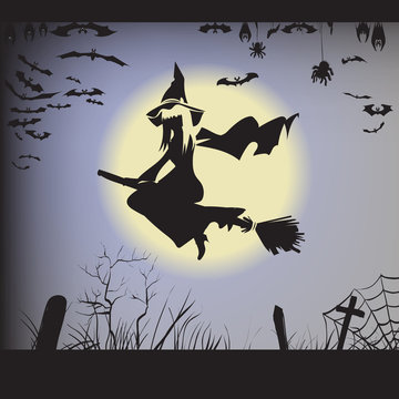 Halloween witch on a broomstick flying, silhouette, vector illustration of a bat, spider, web, graves, bat hanging upside down in flight, label printing and office decoration, crafts, pattern cutting