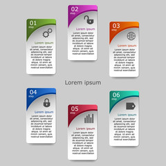 Colorful infographics template with 6 step, 6 options. Can be used for infographic, banner, poster, web design, brochure, presentation. Vector illustration