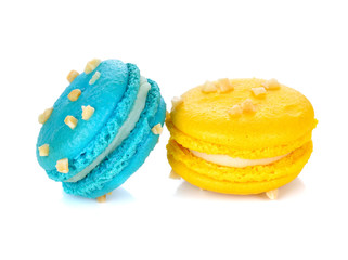 Tasty colorful macaroon on white background.