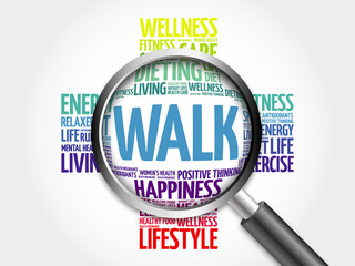 WALK word cloud with magnifying glass, health concept