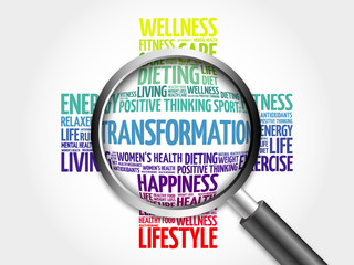 TRANSFORMATION word cloud with magnifying glass, health concept