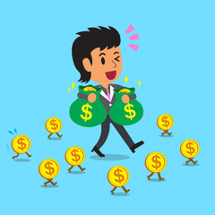 cartoon businesswoman carrying money bags and walking with money coins