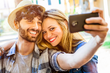 Selfie with Smartphone, Happy Young Couple