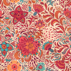 Vector seamless floral pattern with abstract flowers and berries