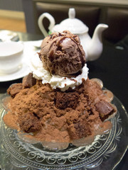 closed up the shave ice with chocolate and ice cream