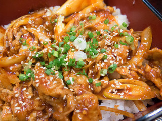 closed up the fried pork with spicy sauce