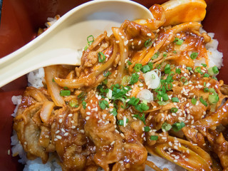 closed up the fried pork with spicy sauce