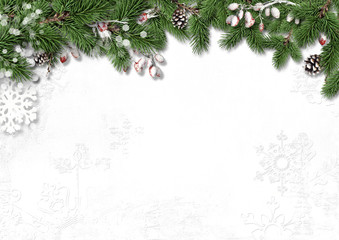 Obraz na płótnie Canvas Christmas white background with decorations, holly and branches