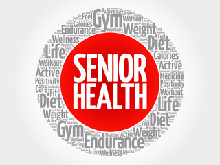 Senior health circle stamp word cloud, fitness, sport, health concept