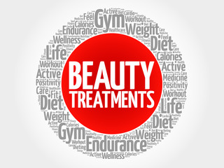 Beauty Treatments circle stamp word cloud, health concept