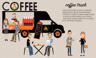 People meeting in the coffee food truck infographics elements.il
