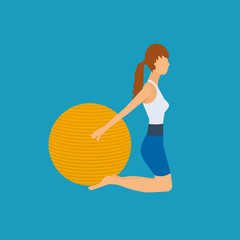 Cartoon illustration of a woman exercising with gymnastic ball. 