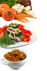  vegetables and dishes of vegetables closeup on a white background
