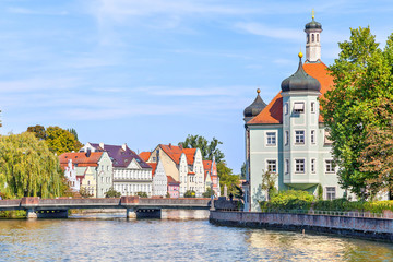 Isar river and bavarian style buildings in Landshut