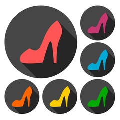 Women's shoe sign icons set with long shadow