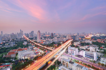 Fototapeta na wymiar High way x cross Bangkok city business zone ,twilight lighting