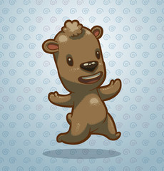 Vector funny running bear cub. Cartoon image of a funny running brown bear cub on a light blue background.