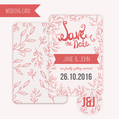 Vector  save the date card  with hand drawn vintage  leaves in rustic style and lettering.