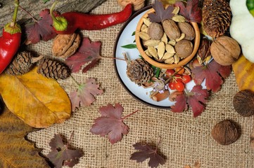 background autumn harvest/autumn background for scrapbooking; Still autumn harvest; 
autumn gifts of nature; bountiful harvest;
Autumn texture; bountiful harvest; festive table.