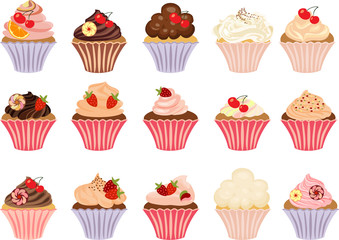 Set of insulated cakes and cupcakes on a white background.