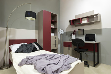 Interior of red student (teenager) room - back to school