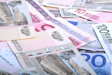 Fototapeta na wymiar Heap from dollars, the Russian rubles and euro