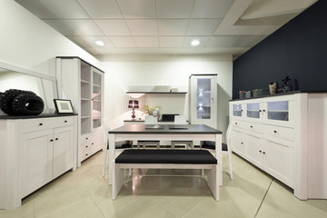 Interior of a dining room in the evening