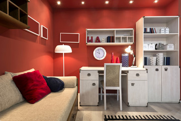 Interior of red student (teenager) room - back to school