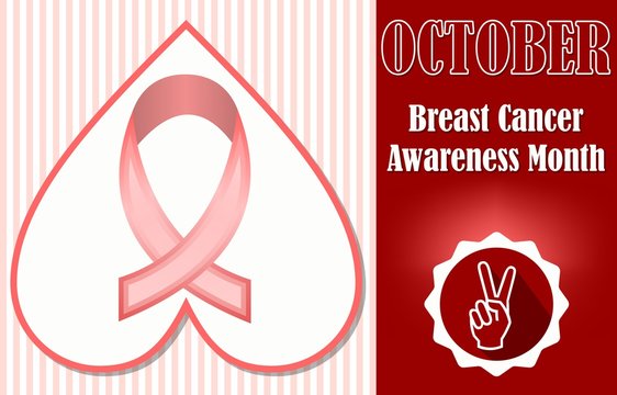 Breast cancer awareness month october. Hopeful leaflet or label template with pink ribbon in heart shape on rosa stripped background. Finger gesture symbol of victory in dark red circle icon.
