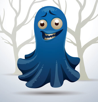 Vector funny blue ghost. Cartoon image of funny blue ghost on the background of silhouettes of trees.