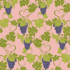 Seamless texture with vines and bunches of grapes.
