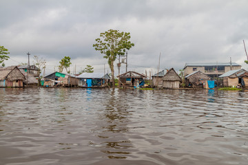 View of floating shantytown in Belen neigbohood of Iquitos, Peru.