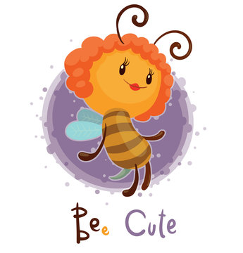Vector BEe Cute. Cartoon image of a funny bee girl with red hair on a white purple background. The text is written in the curves. A kind of play on words.