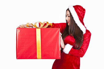 isolated girl with Santa Claus suit