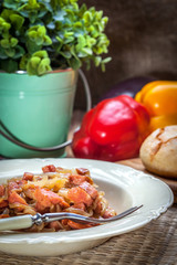 Stewed onions with sausage.