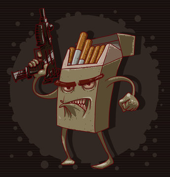 Vector cigarettes kill, gray. Cartoon image of a gray pack of cigarettes with a face, arms and legs, with a gun in his hand on a dark background. The theme of the fight against smoking.