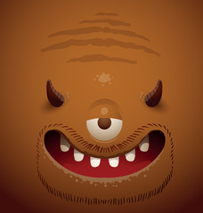 Vector monster background brown. Cartoon image of a smiling face brown monster background with one eye, two horns, mouth and beard.