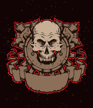 Vector emblem skull with shields. Monochrome image of a human skull with shields around and banner below, with the red tracings on a dark background. Looks like a tattoo.